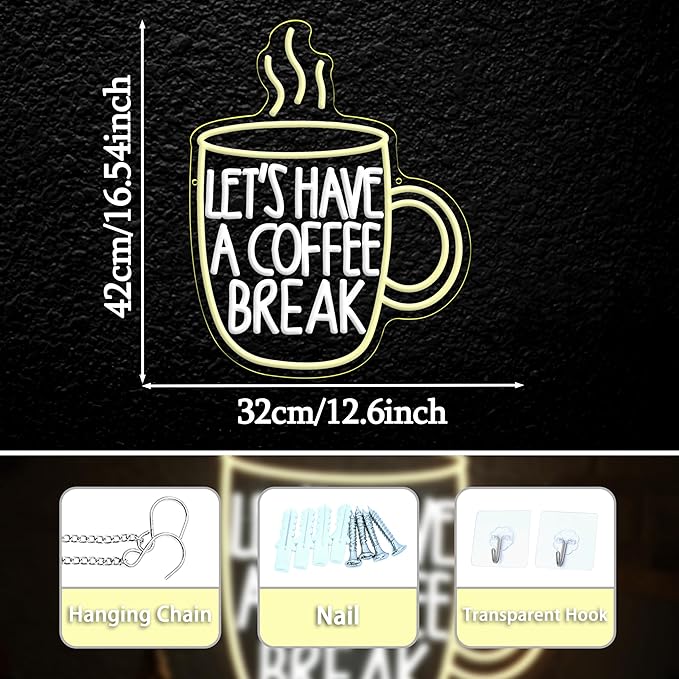 Let’s Have A Coffee Break Neon Sign, Dimmable Coffee Cup Led Light Up Sign - Image 4