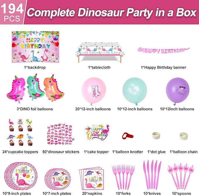 194 PCS Pink Dinosaur Party Decorations - Image 3