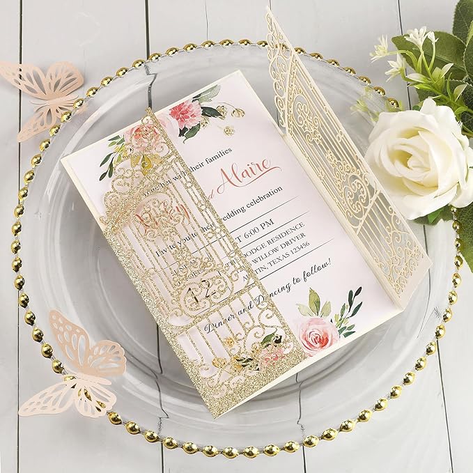50PCS Gold Glitter Wedding Invitations Laser Cut Invitations - Image 3