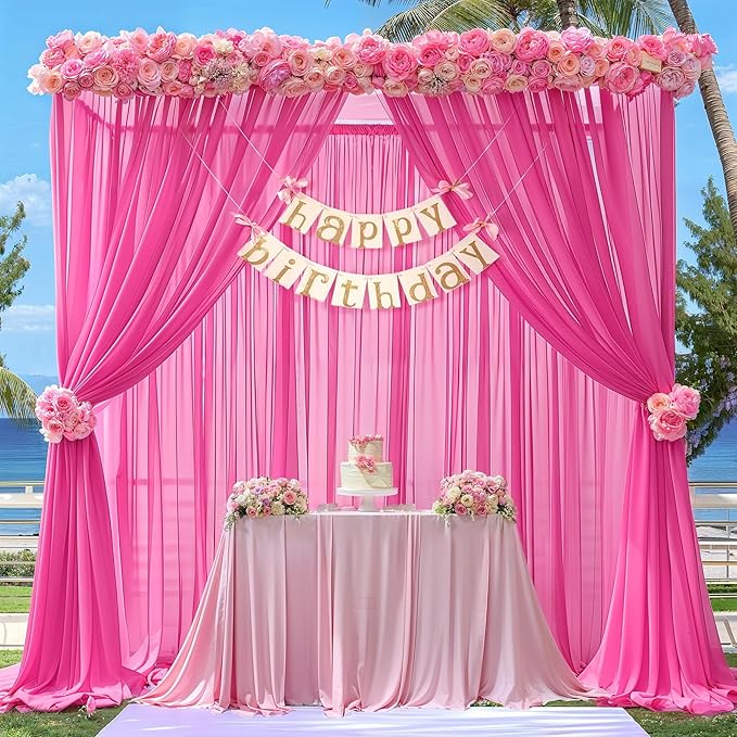 10ft x 10ft Hot Pink Backdrop Curtains, Wrinkle-Free Sheer Chiffon Fabric Photo - Image 8