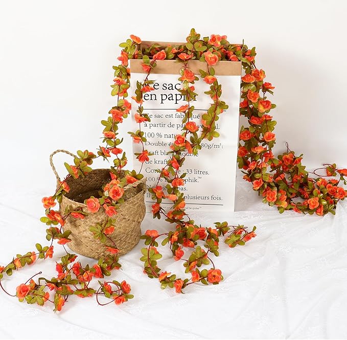 KHOYIME 5 Pack 40 FT Artificial Fall Flower Garland, Fake Orange Roses Vines - Image 6