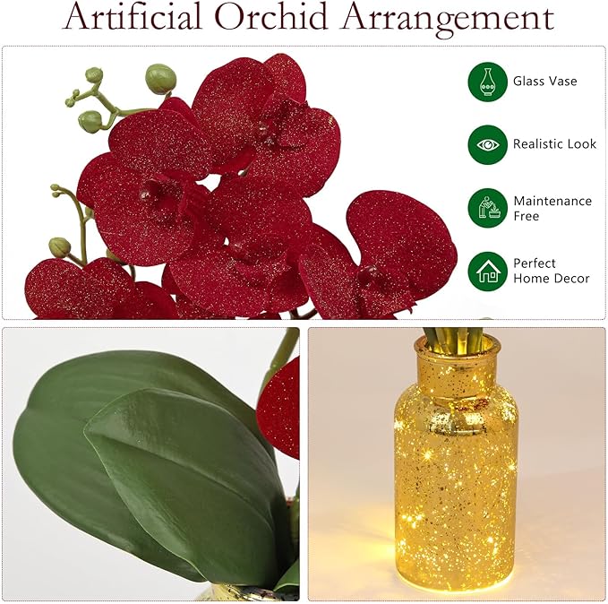 Red Orchids Artificial Flowers Faux Orchid Arrangement - Image 3