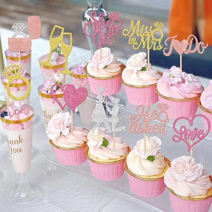 30 PCS He Asked She Said Yes Cupcake Toppers Glitter Miss to Mrs I Do Love - Image 4