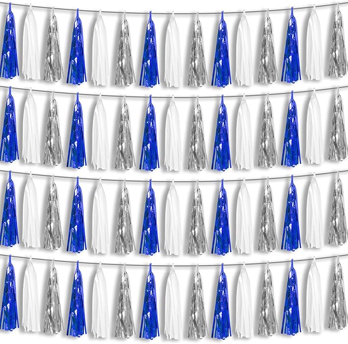 4P Navy-Blue White-Silver Foil Fringe Metallic Tassel Garland Banner, Tassels by HYSILLA