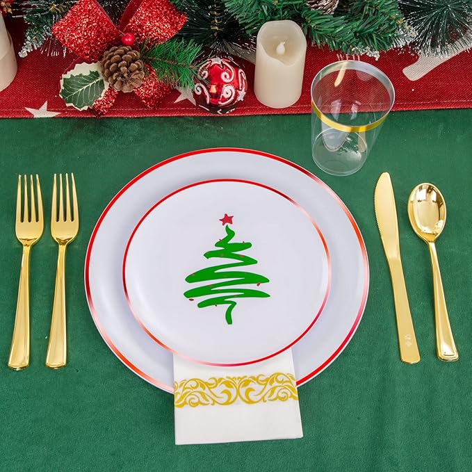 Supernal 350pcs Christmas Plastic Dinnerware Set, Christmas Plastic Plates - Image 2