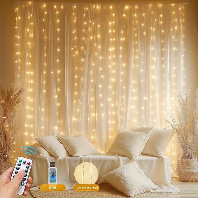Fairy Curtain Lights Upgraded Tangle-Free Warm White USB Plug in 8 Modes String by HOLITS