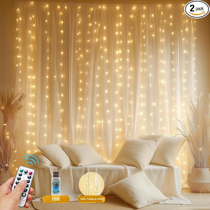 2 Pack Fairy Curtain Lights Upgraded Tangle-Free Warm White USB Plug in 8 Modes by HOLITS
