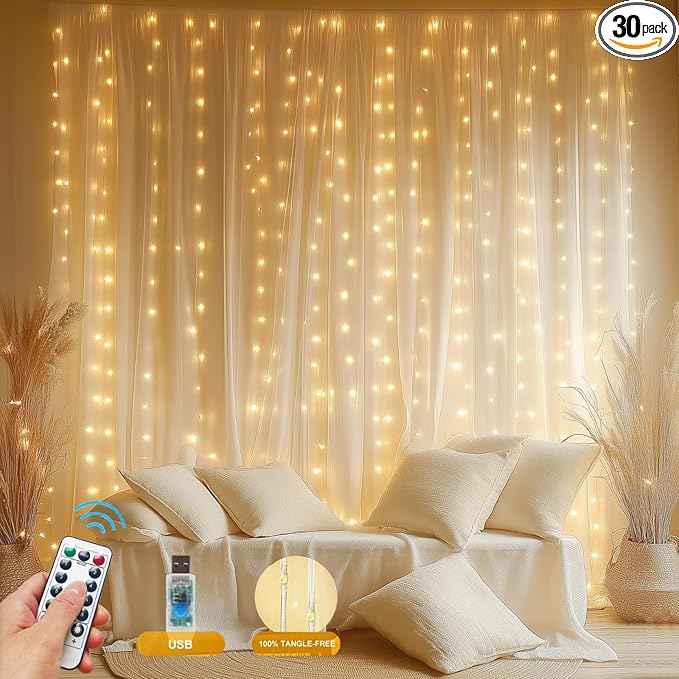 Fairy Curtain Lights Upgraded Tangle-Free Warm White USB Plug in 8 Modes String by HOLITS