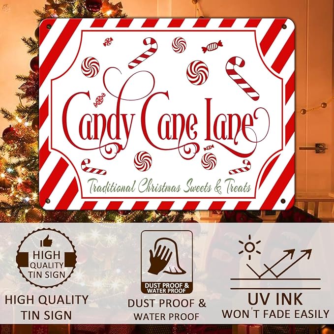 Christmas Candy Cane Lane Metal Tin Sign Traditional Christmas Sweets and - Image 4