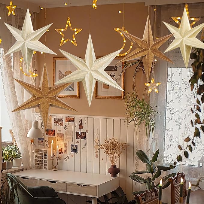 EASY JOY 5 Pcs Wood Grain Paper Star Lanterns 6-Pointed 12 Inch Christmas - Image 4