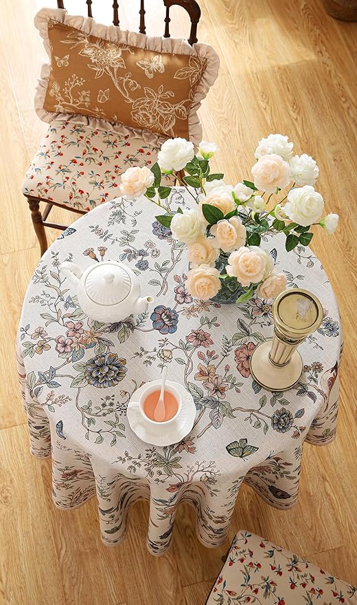 ISAENNE Designer French Light Beige Small Round Tablecloth, Linen Florals and - Image 8