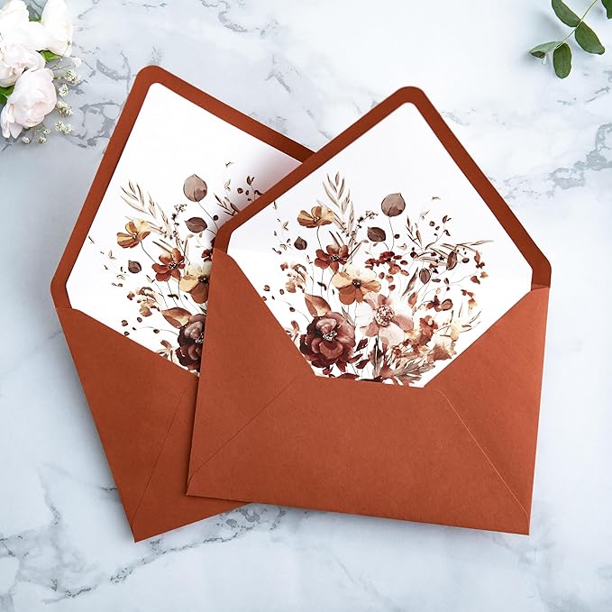 PONATIA 50PCS A7 Euro Flap Envelopes, 5.25 x 7.25'' Burnt Orange Flowers Liner - Image 4