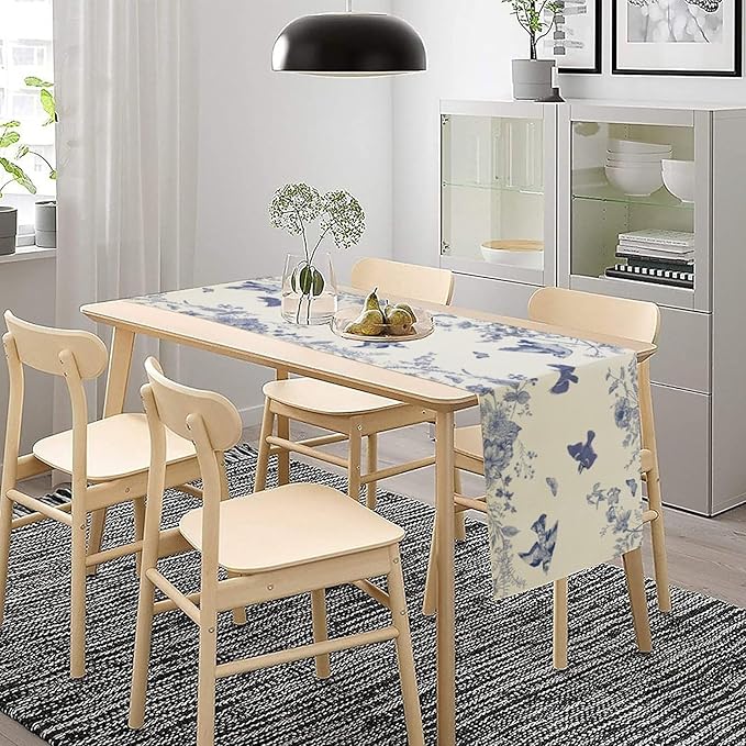 Monochrome Sketch Flowers Bird Table Runner, Seasonal Spring Fall Plants Blue - Image 3