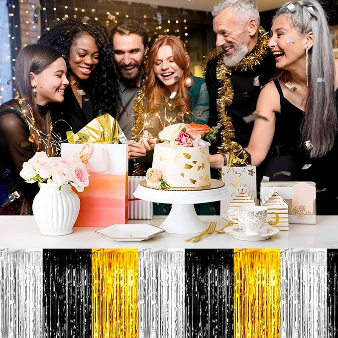 3 Pack 29 x108 Inch Black and Gold Foil Fringe Table Skirts Metallic Banner - Image 5