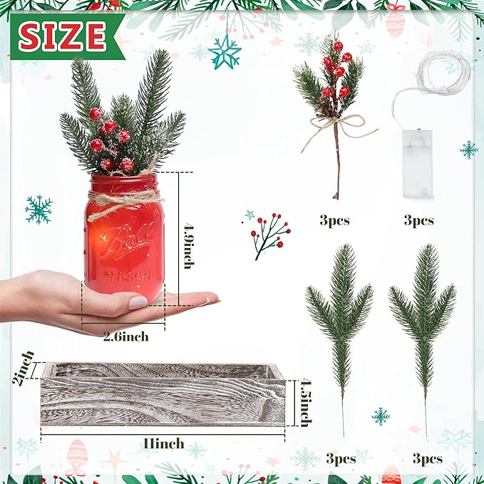 Christmas Mason Jars, Christmas Centerpiece Table Settings, Wood Tray - Image 3