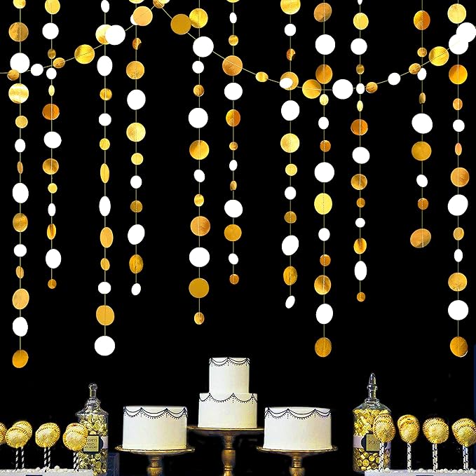 46 Feet White and Gold Circle Dots Garland Hanging Paper Polka Dots Streamer - Image 7