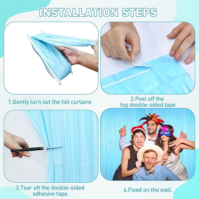 Macaron Light Blue Tinsel Backdrop Foil Fringe Curtains, Wedding Baby Shower - Image 7