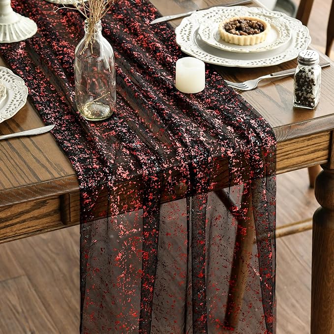 Artoid Mode 6PCS Black Red Gold Gauze Table Runner 120 Inch 10FT, Glitter by ArtoidMode