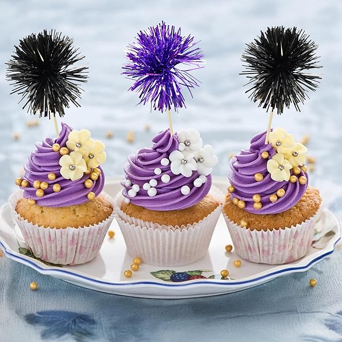 Ephlyn 30Pcs Foil Firework Cupcake Toppers Sparkle Tinsel Cupcake Picks Happy - Image 6