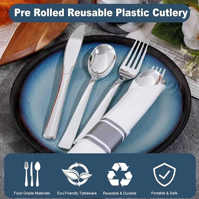 200Guests Pre Rolled Silver Plastic Silverware Sets - Image 5