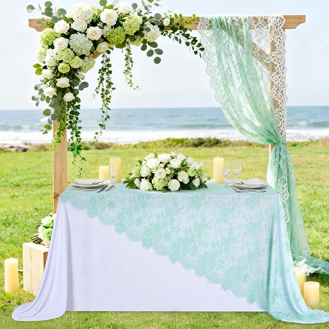 Light Green Lace Tablecloth Sheer Table Fabric 2pcs 60x120 Inch - Image 3