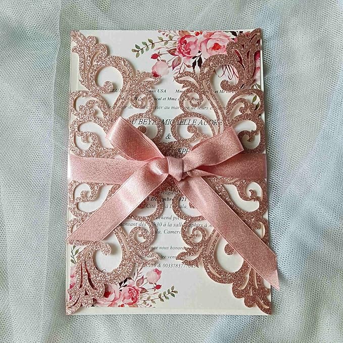 25PCS Rose Gold Laser Cut Wedding Invitations Cards - Image 3