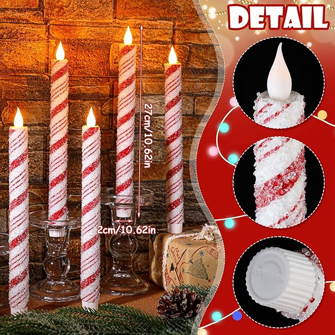 Baquler 6 Pcs Christmas Flameless Taper Candles 10.6 Inch Sea Salt Candy Cane - Image 3