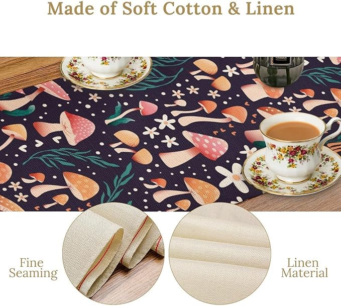 Mushroom Table Runner, Retro Forest Plant Table Cloth Farmhouse Kitchen Dining - Image 5