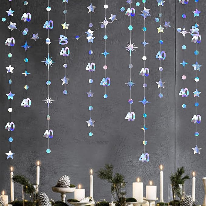 Iridescent 40th Birthday Decorations Number 40 Circle Dot Twinkle Star Garland - Image 5