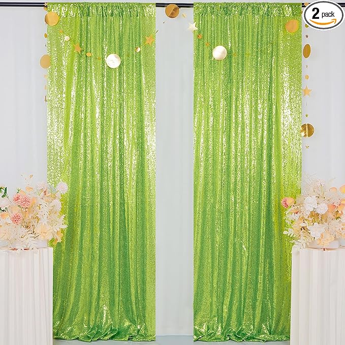 ShinyBeauty Green Sequin Backdrop Curtains 8ft 2 Panels Glitter Backdrops by ShinyBeauty