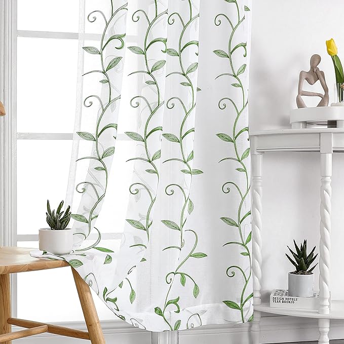 VISIONTEX Embroidered Green Sheer Voile Curtains, Leaves Embroidery Faux Linen - Image 7