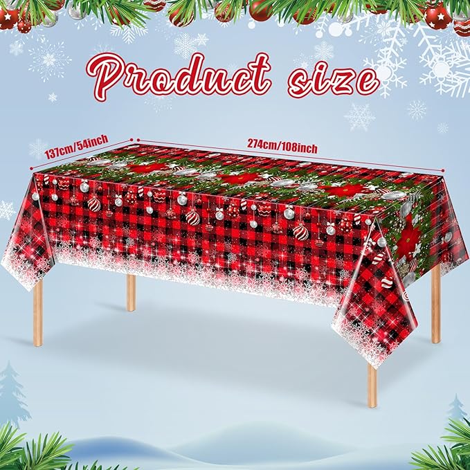 12Pcs Christmas Buffalo Plaid Snowflake Tablecloths, Plastic Red and Black - Image 2