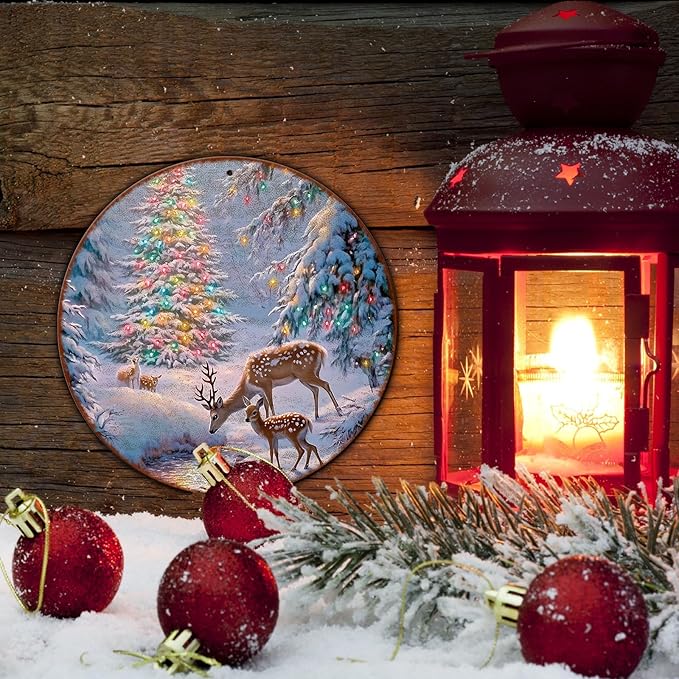 Christmas Tree Decor Round Metal Tin Sign Christmas Deer Vintage Tin Sign - Image 5
