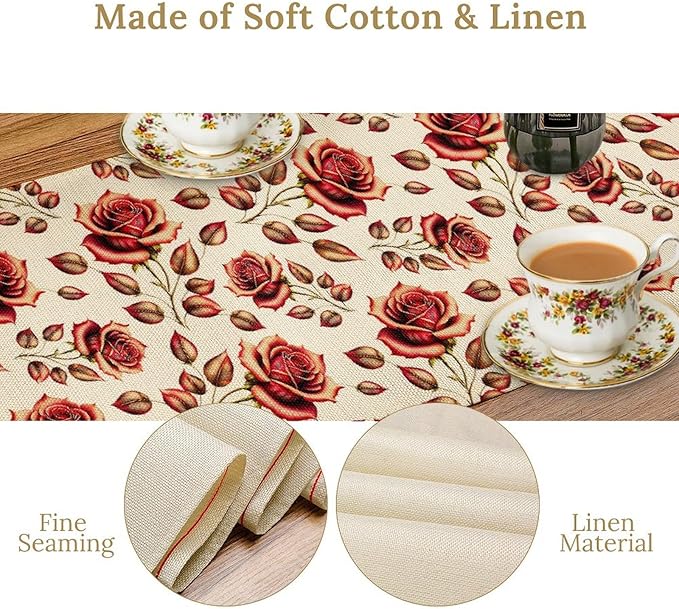 Retro Rose Table Runner, Romantic Love Elegant Plant Red Golden Flower Print - Image 4
