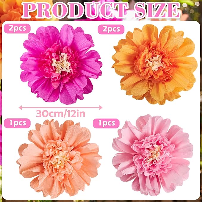 SUNBEAUTY 6 PCS Hot Pink and Orange Paper Flowers Decorations Crepe Paper - Image 2