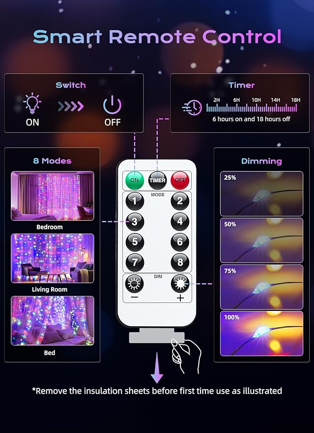 Brightown 300 LED Fairy Curtain Lights, 9.8ft x 9.8ft Multicolor Curtain String - Image 6
