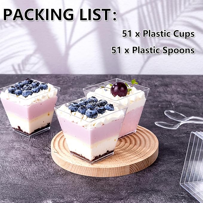YOUBET 102 PCS Plastic Dessert Cups - 8oz Clear Square Cups - 51 Pack Mini - Image 3