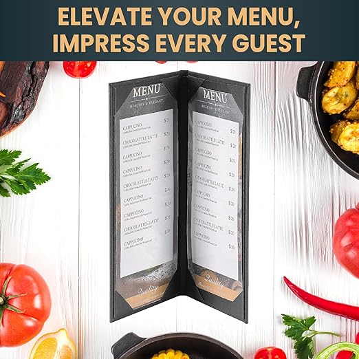 12 Pack 2 View Menu Holder Menu Covers 4.25" x 11" | Black Leather Menu Sleeves - Image 5
