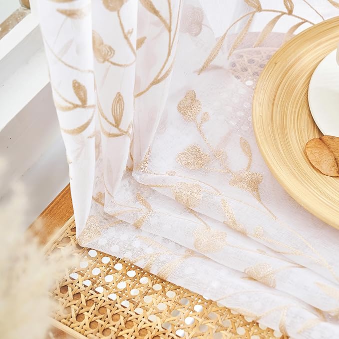 Sheer Curtains 45 Inches White-Beige Floral Embroidery Rod Pocket Voile Drapes - Image 6