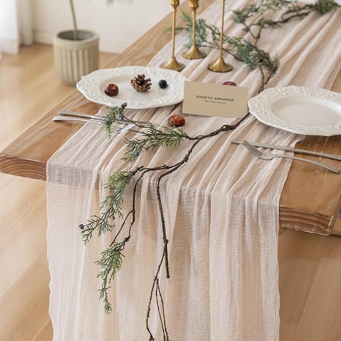 3Pcs Beige Gauze Rustic Cheesecloth Table Runner 120 Inch 10 FT by KEKETOARRANGE