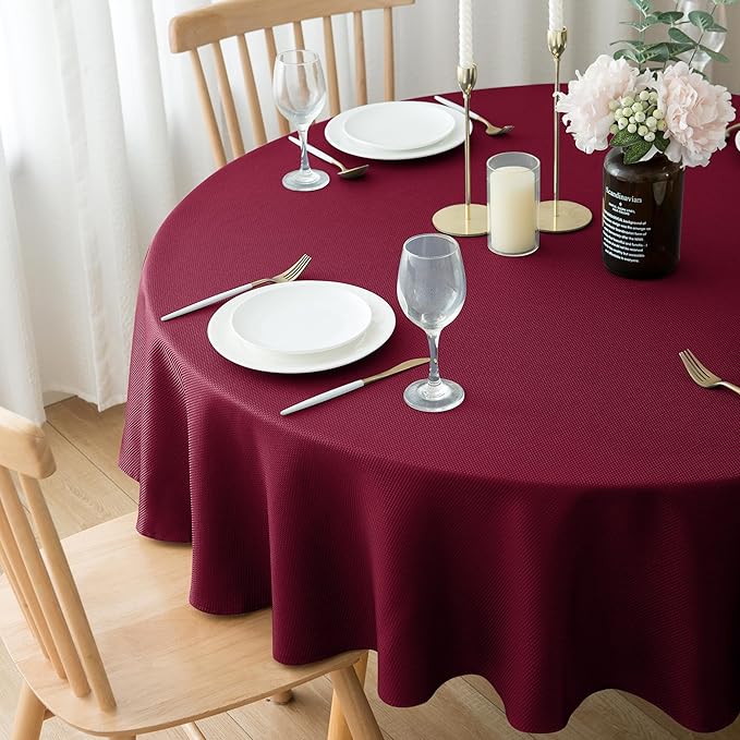 Biscaynebay Textured Fabric Christmas Round Tablecloths 70", Burgundy Water - Image 6