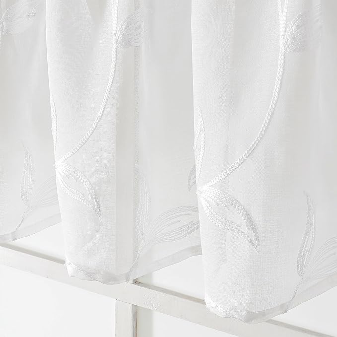 VISIONTEX Sheer Voile Curtain Valances, Decorative Leaves Embroidered, Rod - Image 4