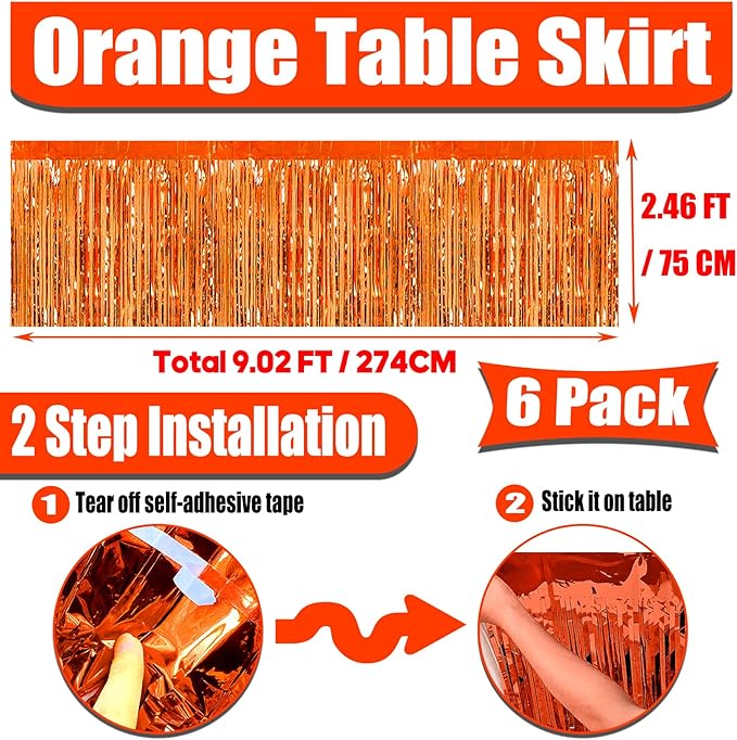 6 Pack 29x108 Inch Orange Metallic Foil Fringe Tinsel Table Skirts Banner - Image 2