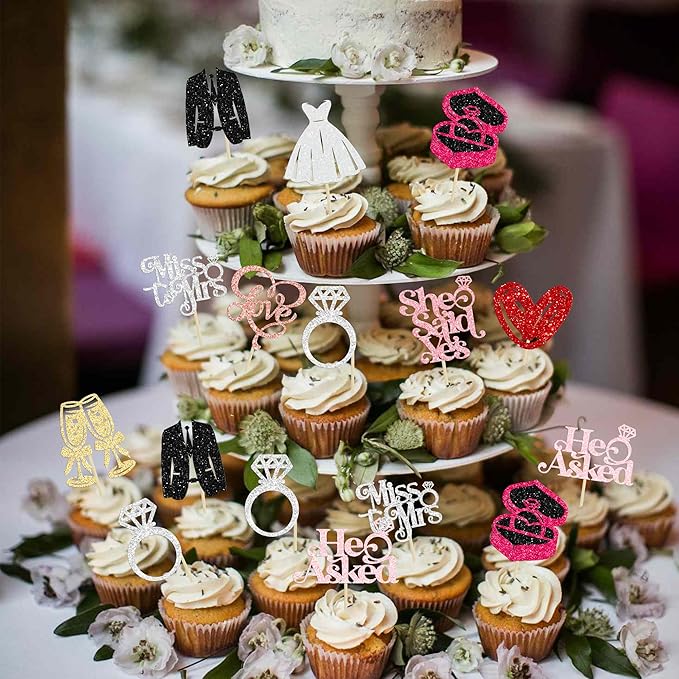 Gyufise 30Pcs She Said Yes Cupcake Toppers Glitter Diamond Ring I Do Love - Image 7