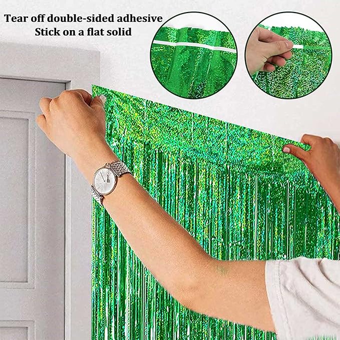 4 Pack Green Foil Fringe Curtain Backdrop, 3.28Ft x 8.2Ft Metallic Tinsel Foil - Image 3