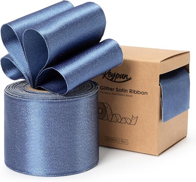 Dusty Blue Satin Wired Ribbon 2-1/2 Inch Double-Faced Sliver Glitter Christmas by Keypan