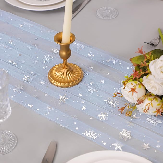Snowkingdom Silver Snowflake Christmas Table Runner, 10ft Blue Cheesecloth - Image 2