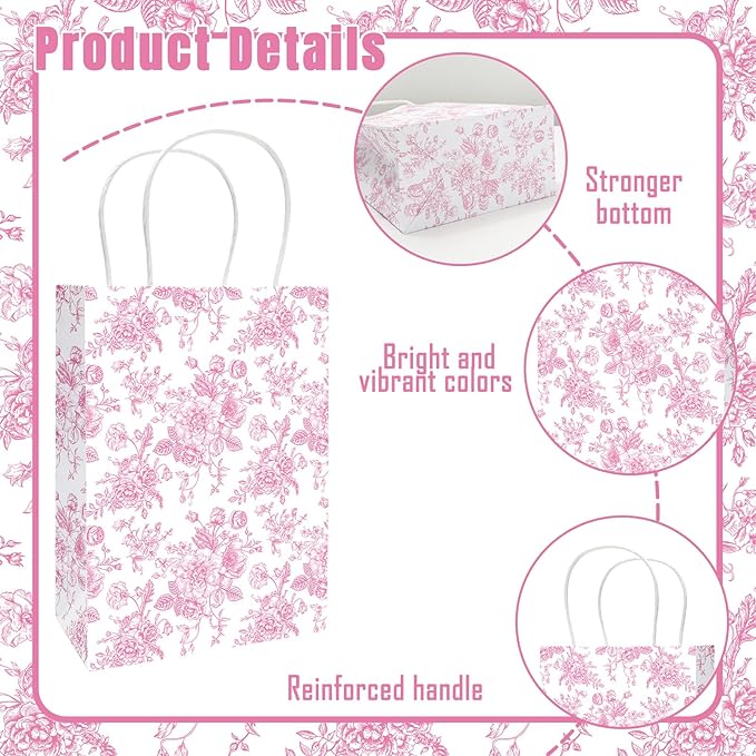 JarThenaAMCS 52Pcs Pink Floral Paper Gift Bag Vintage Wildflower Treat Bags - Image 3