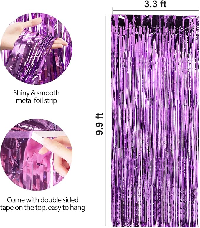 Crosize 4 Pack 3.3 x 9.9 ft Purple Foil Fringe Curtains Party Decorations - Image 2