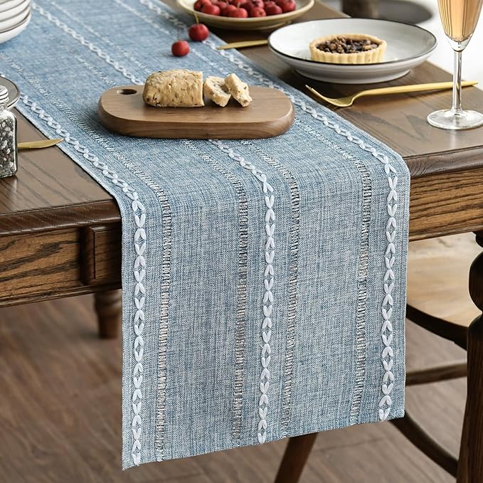 Artoid Mode Dusty Blue Cotton Linen Table Runner, Seasonal Rustic Embroidered by ArtoidMode